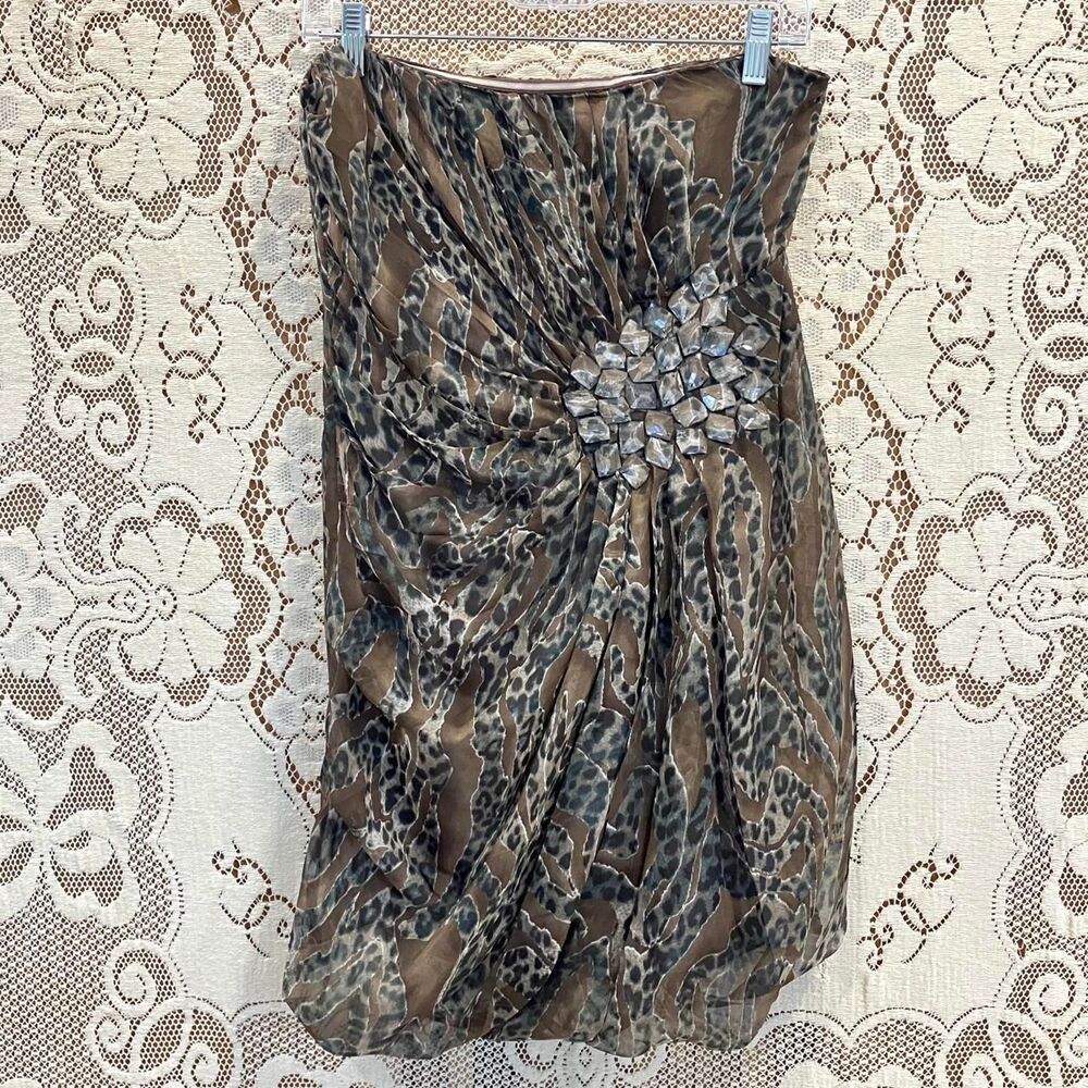 NWT Y2K Gyaru Brown Leopard Zebra Print Silk Blend Mini Strapless Bodycon Dress